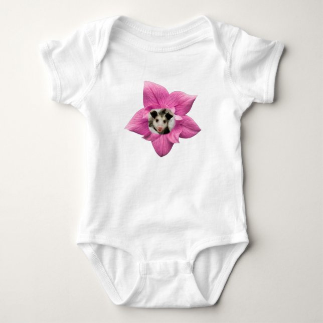 Adorably Cute Baby Smiling Baby Opossum Floral Bodysuit (Front)