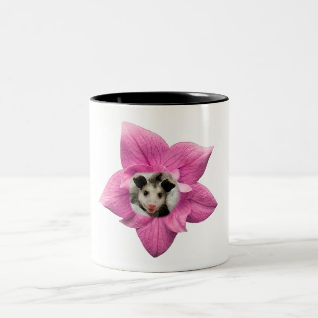 Adorably Cute Baby Smiling Baby Opossum Floral Two-Tone Coffee Mug (Center)