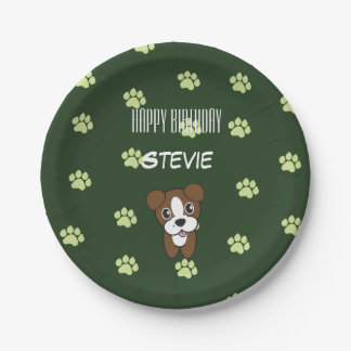 Adorably Cute Green Boxer Puppy Birthday Plates