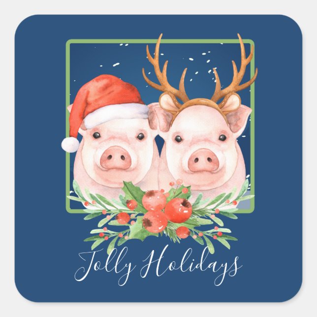 Adorably Cute Pig Couple Christmas Square Sticker (Front)