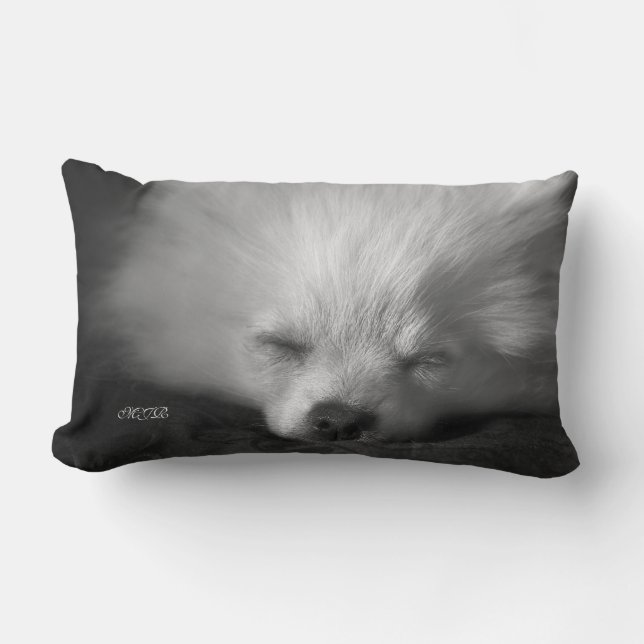 Adorably Cute Snoozing Pomeranian Monogram Lumbar Cushion (Front)