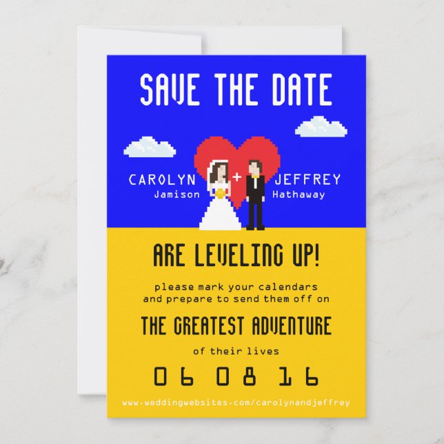 Adorably Nerdy 8-Bit Bride & Groom Save the Date (Front)