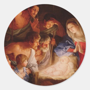 Adoration-of-baby-Jesus-by-shepherds-reni Classic Round Sticker