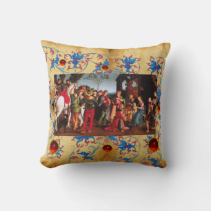 ADORATION OF MAGI CHRISTMAS FLORAL PARCHMENT, GEMS CUSHION