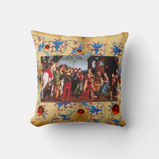 ADORATION OF MAGI CHRISTMAS FLORAL PARCHMENT, GEMS CUSHION (Front)