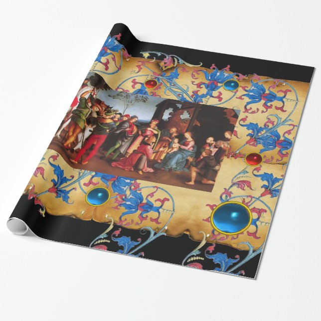 ADORATION OF MAGI CHRISTMAS FLORAL PARCHMENT, GEMS WRAPPING PAPER (Unrolled)
