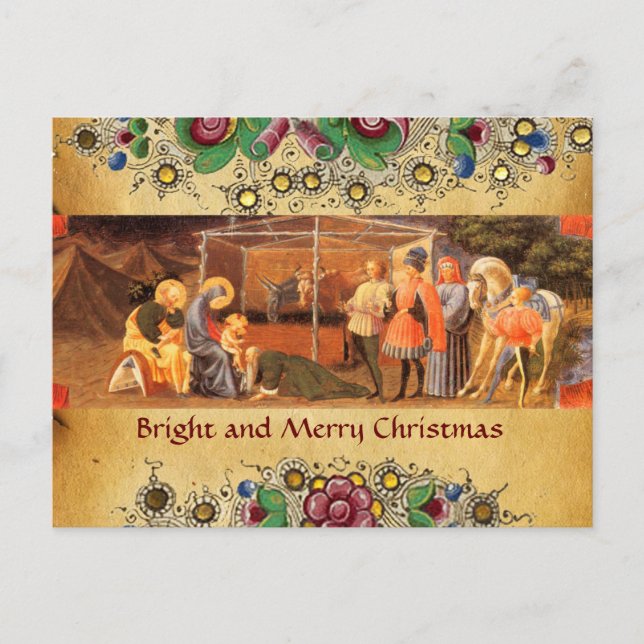 ADORATION OF MAGI, GOLD FLORAL CHRISTMAS PARCHMENT HOLIDAY POSTCARD (Front)