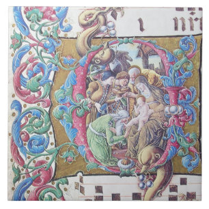 ADORATION OF MAGI , NATIVITY MONOGRAM WITH DOLPHIN CERAMIC TILE