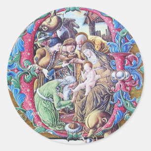 ADORATION OF MAGI , NATIVITY MONOGRAM WITH DOLPHIN CLASSIC ROUND STICKER