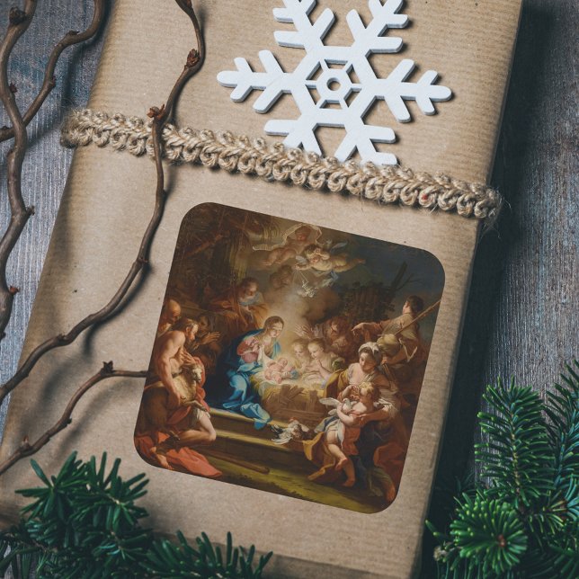 Adoration Shepherds Vintage Christmas Nativity Square Sticker (The Adoration of the Shepherds by S. Conca Vintage Religious Christmas Nativity Scene Gift Sticker)