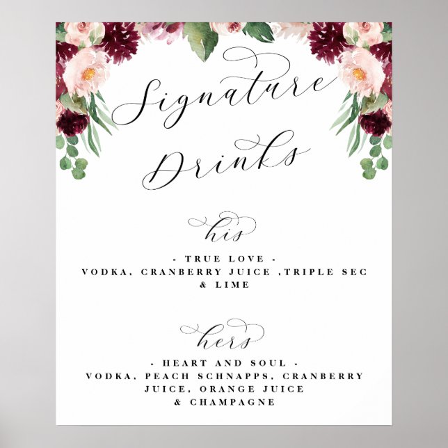 Adore Floral Signature Drink Wedding Bar Menu Sign (Front)