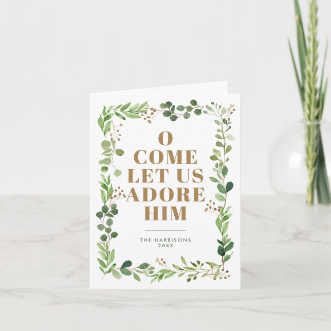 Adore Him Foliage Frame Religious Folded Photo Holiday Card (Front)