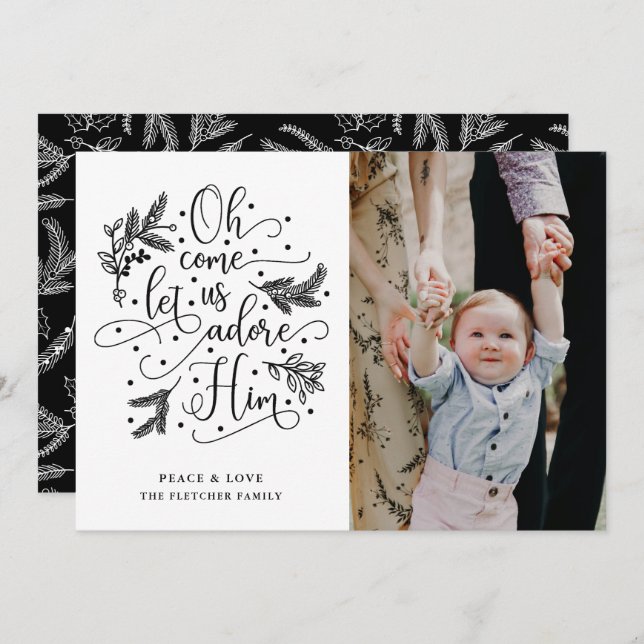 Adore Him | Photo Christmas Flat Card | Black (Front/Back)