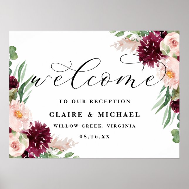 Adore Welcome Chic Floral Script Wedding Sign (Front)