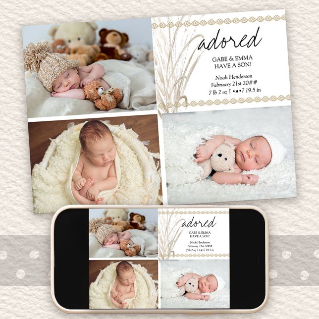 Adored 4 Photo Boho Pampas Grass Birth Announcement (Multi Photo Birth Announcement with signed pic on the back)