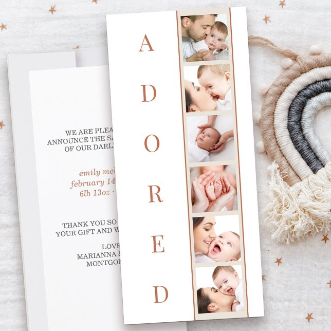 ADORED Stats Multi Photo Birth Announcement (Adored Baby Birth Announcement in terracotta with 6 photos and personal message)