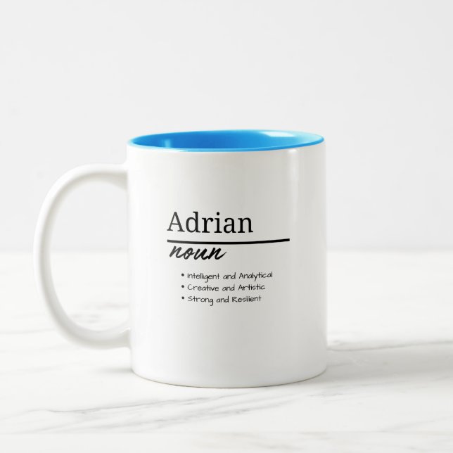 Adrian, Boy Personalised Name Definition Two-Tone Coffee Mug (Left)