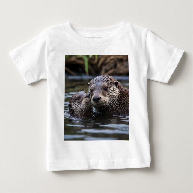 Adrift in Love: Mummy and Baby Otter In River Baby T-Shirt (Front)
