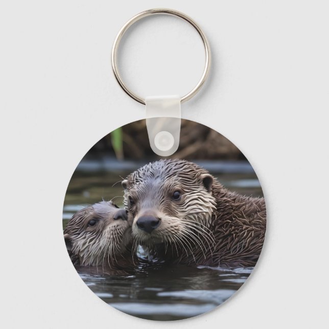 **"Adrift in Love: Mummy and Baby Otter"** Key Ring (Front)