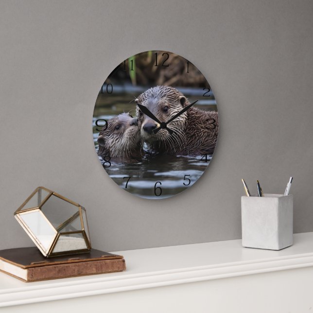 **"Adrift in Love: Mummy and Baby Otter"** Large Clock (Office)