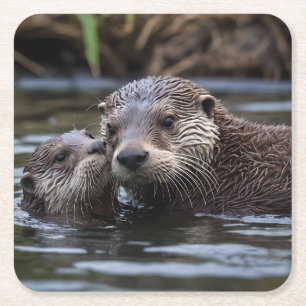 **"Adrift in Love: Mummy and Baby Otter"** Square Paper Coaster