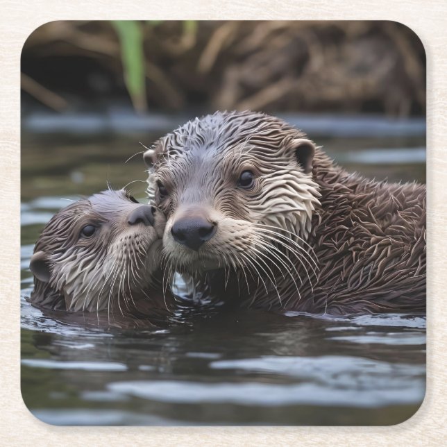 **"Adrift in Love: Mummy and Baby Otter"** Square Paper Coaster (Front)