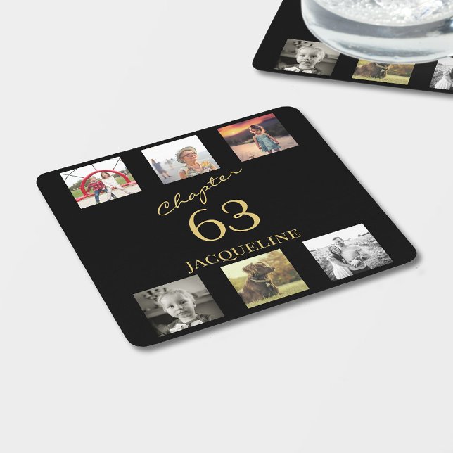Adult 6 Photo Black Gold Birthday Square Paper Coaster (Black and gold birthday coaster with "Chapter" (insert age), name and six photos.)