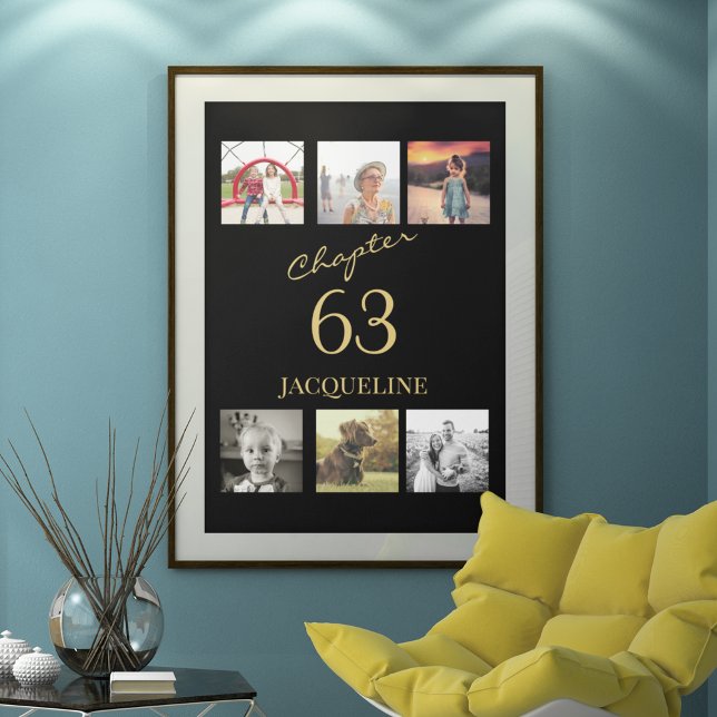 Adult Birthday 6 Photo Black Gold Any Age Poster (6 photo birthday poster in black and gold.)