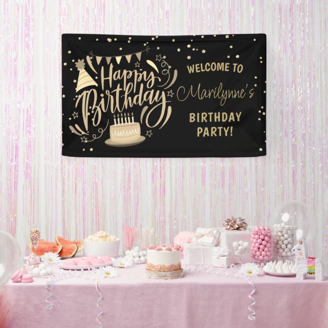 Adult Birthday Black Gold Glitter Welcome Banner (Party)