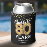 Adult Birthday Cheers to 80 Years Can Cooler<br><div class="desc">Personalised 80th birthday can coolers featuring a stylish black background that can be changed to any colour,  glamourous gold sparkly glitter,  eighty gold hellium balloons,  and a simple text template that is easy to personalise.</div>