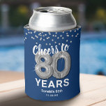 Adult Birthday Cheers to 80 Years Can Cooler<br><div class="desc">Personalised 80th birthday can coolers featuring a stylish navy blue background that can be changed to any colour,  glamourous silver sparkly glitter,  eighty silver hellium balloons,  and a simple text template that is easy to personalise.</div>
