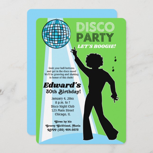 Adult Birthday Disco Party Invitations Lime Green (Front/Back)
