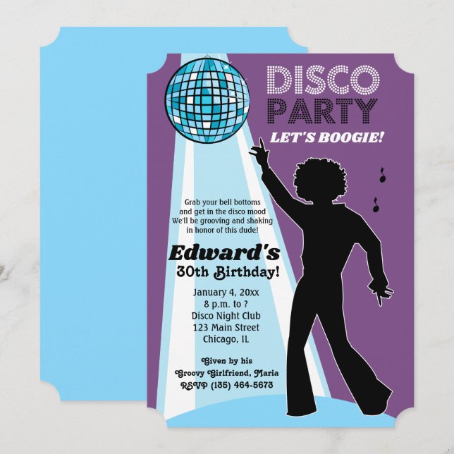 Adult Birthday Disco Party Invitations Purple (Front/Back)