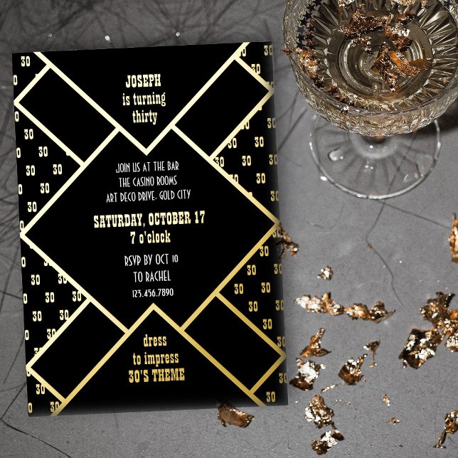Adult Birthday Party Any Age Black White and Gold (Gold Foil Invitation for Any Age Adult Birthday Party with black and white western art deco theme)