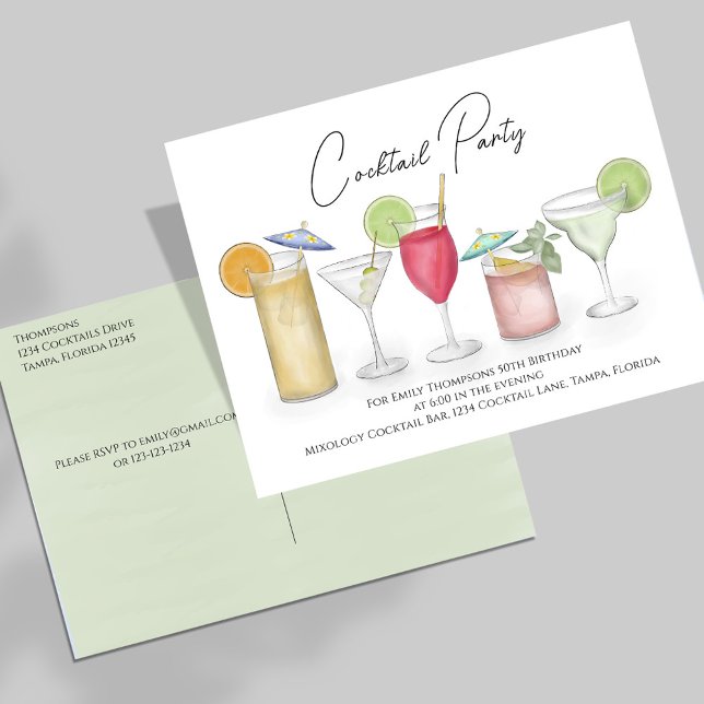 Adult Birthday Party Colourful Cocktails  Postcard (Cocktail party invitation, great for birthdays or any event. )