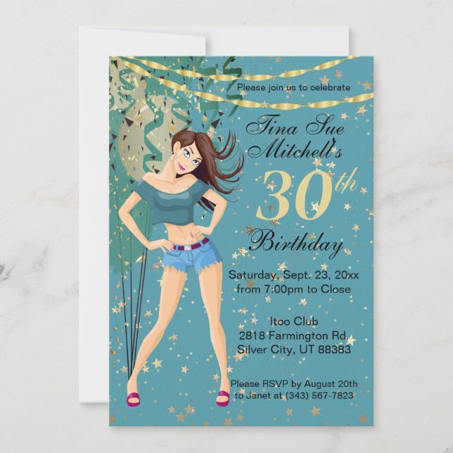 Adult Birthday Party Girl in Teal Blue Invitation (Front)