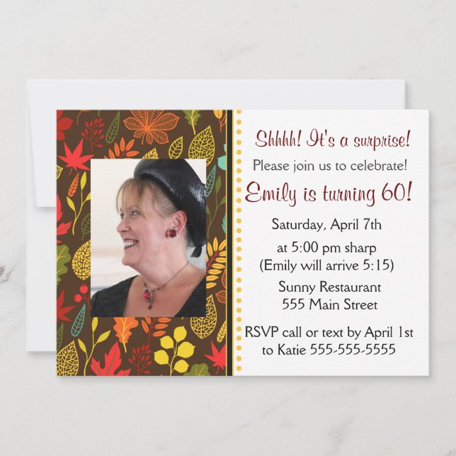 Adult Birthday Party Photo Invitation Fall Leaves (Front)