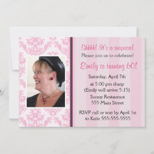 Adult Birthday Party Photo Invitation Pink Damask