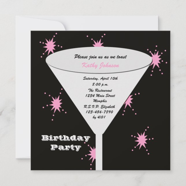 Adult Birthday Party Toast For Her Black and Pink Invitation (Front)
