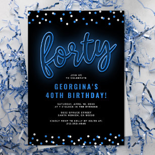 Adult Blue Neon 40th Birthday Party Invitation