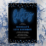 Adult Blue Neon 50th Birthday Party Invitation<br><div class="desc">Modern 50th party invitation template featuring a classic black background,  a scattering of confetti,  a blue neon sign that reads ‘fifty’,  and a simple celebration template that is easy to personalise.</div>