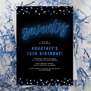 Adult Blue Neon 70th Birthday Party Invitation