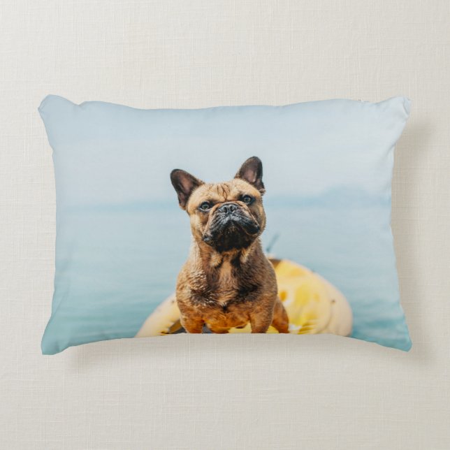 Adult brown French bulldog standing on kayak Decorative Cushion (Front)