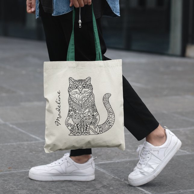 Adult Color Cat Mandala Monogram Tote Bag (Creator Uploaded)