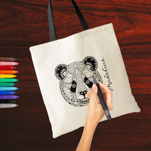 Adult Colour Panda Head Mandala Monogram Tote Bag