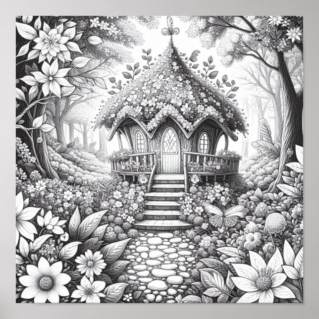 Adult Colouring Floral Fairy House Forest Poster (Front)