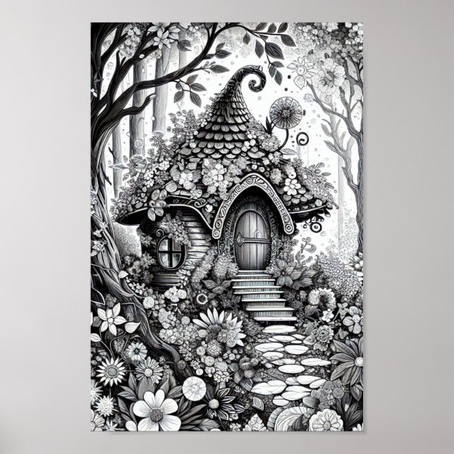 Adult Colouring Floral Fairy House Poster (Front)