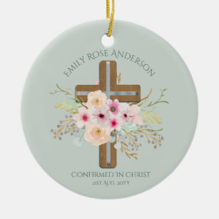 Adult CONFIRMATION Gift - Floral Cross Personalise Ceramic Ornament