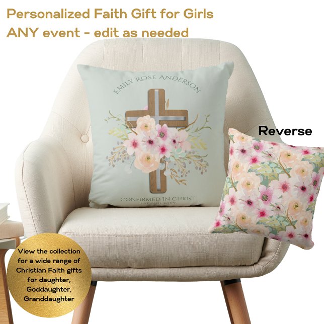 Adult CONFIRMATION Gift - Floral Cross Personalise Cushion (Creator Uploaded)