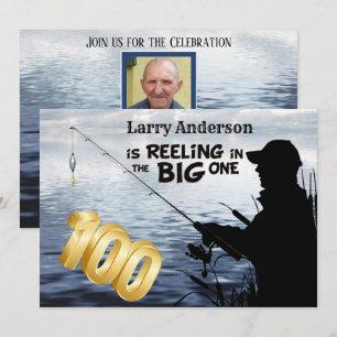 Adult Fisherman Milestone 100 Birthday the Big One Invitation